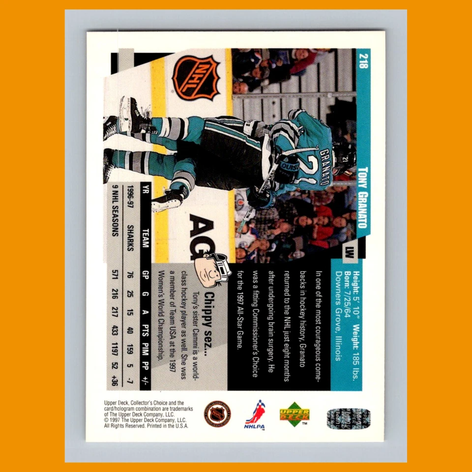 Tony Granato #218 1997-98 Collectors Choice San Jose Sharks Hockey Card NHL - Image 2 of 3