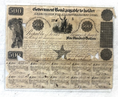 Republic of Texas 1840s $500 Promissory Note Signed Mirabeau B. Lamar - Framed