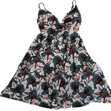 Floral Fairy Babydoll Mini Dress White Teal V-Neck Stappy Large