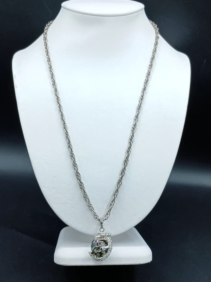 Collar Colgante Dragón Abulón Concha Globo Giros Articulados Cadena Tono Plata Foto 4 de 4