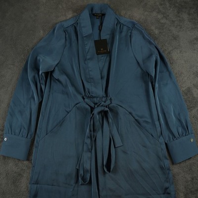 Massimo Dutti Dress Womens Small Teal Blue Satin Long Sleeve Midi NWT