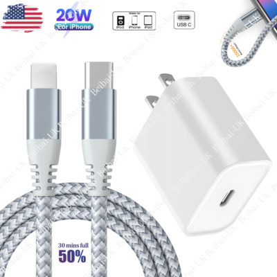 For iPhone 14/13/12/11 Pro Max/XR Fast Charger 20W PD Cable USB-C Power Adapter