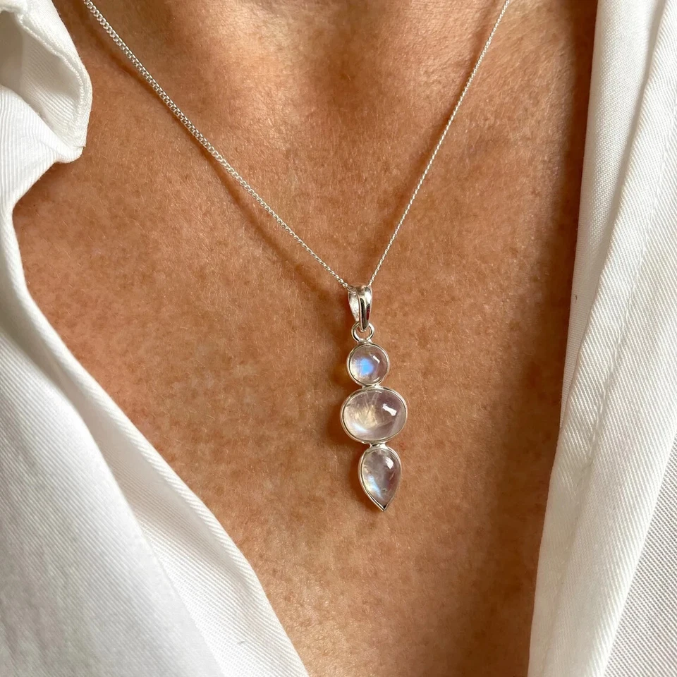 Colgante hecho a mano de piedras preciosas de luna de acción de gracias de plata de ley 925 A-83 Foto 3 de 4