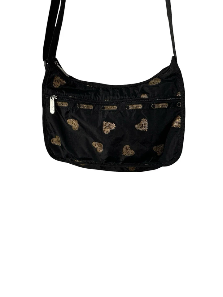 Lesportsac Heart Bag Black Gold Everyday Deluxe Crossbody Black Purse Expandable - Image 2 of 4