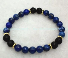8mm Blue Lapis Lazuli Black Lavastone Beads Round Gemstone Bracelet 7.5''