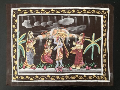 Handgemalte indische Seidenmalerei Badeszene