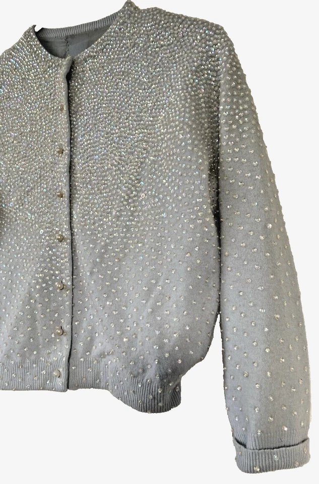 Suéter Cárdigan Forrado Seda Cuentas Lentejuelas Cachemira Azul Bebé De Colección Verdadero Años 50 Foto 3 de 4