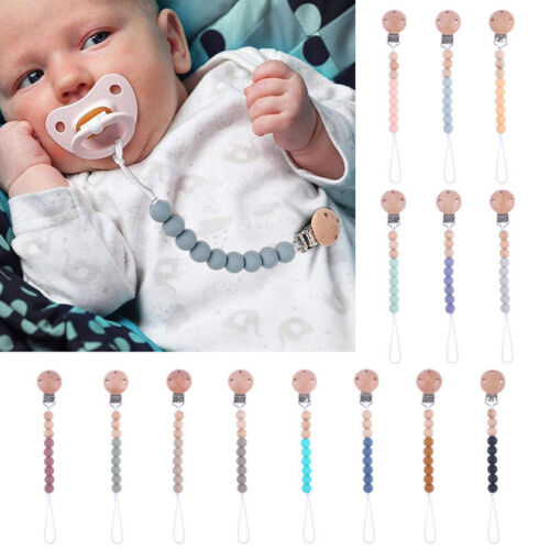 Baby Silicone Dummy Clip with wooden beads Soother Pacifier Chain Strap Holder - Photo 1 sur 30