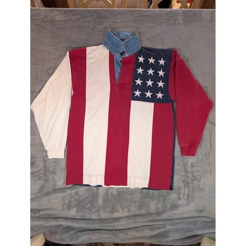 Tommy Hilfiger Jeans Men M American Flag Rugby Shirt Red White Blue Denim Collar - product listing photo