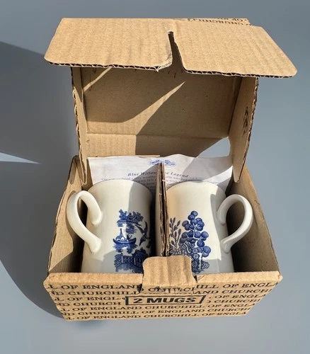 Vintage NIB  Churchill Blue Willow Tall Mugs Coffee Tea Cups England Set Of 2