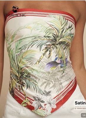 Women Sleeveless Scarf  Tie Back Top Tropical Print Red Size Small Handkerchief