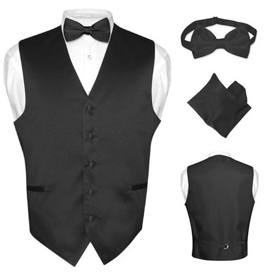 Men's Dress Vest BOWTie Hanky Solid BLACK Color Bow Tie Set for Suit or Tuxedo