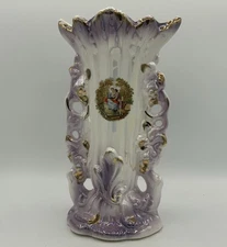 Two Handled Handpainted vase Victorian Theme Iridescent Glaze
