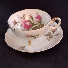 Pink Rose & Gold Trim Tri Footed Teacup & Saucer Vtg Ucagco Japan