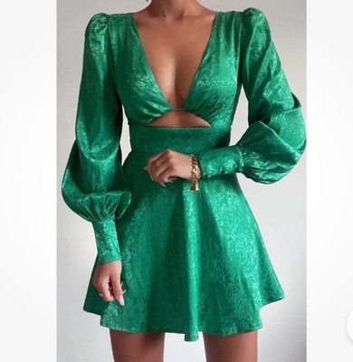 seven wonders green dress Seven Wonders Rosalia Green Mini Dress Womens M Cutout Long Poet Sleeve  Romantic