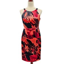 Tahari Womens Sheath Dress Floral Print Red Black Sleeveless Belted Size 4