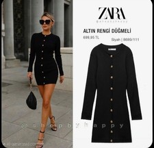 ZARA Black Ribbed Gold Button Bodycon Mini Dress NWT Size Small Fitted Chic