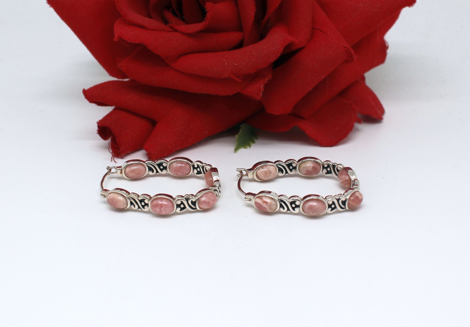 Sterling Silver Rhodochrosite Hoop Earrings 15.59g Cat Rescue Charity NWOT JTV