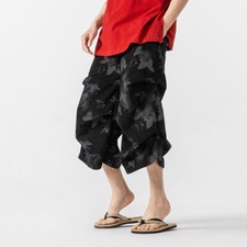 Men Chinese Print Casual Cropped Pants Elastic Waist Loose Straight Shorts