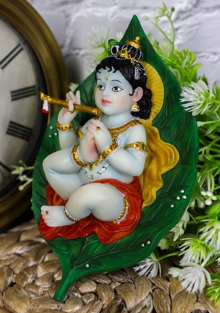 Hindu God Baby Krishna Vishnu Sucking His Right Toe on Peepal Leaf Statue 4 Hindu God Baby Krishna Vishnu Sucking His Right Toe on Peepal Leaf Statue 4