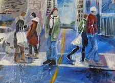 original acrylic painting downtown landscape with figures people city town
