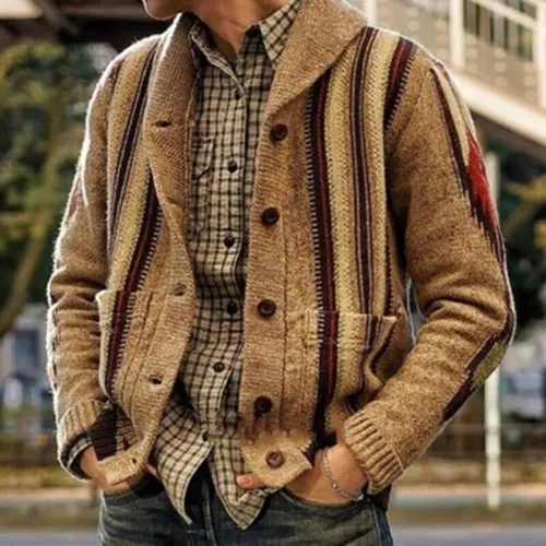 Herren Einreihig Gestreift Warm Pullover Strickjacke Strick Mantel Jacke Top - Bild 3 von 5