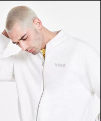 HUGO BY HUGO BOSS Men's Oversized French Terry Logo Ivory Full Zip