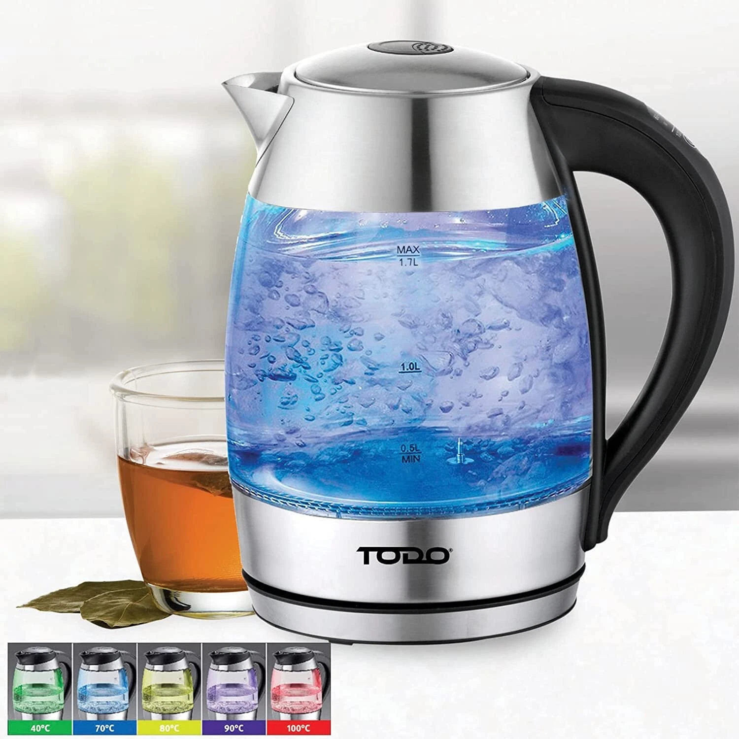 TODO 1.7L Glass Cordless Kettle Keep Warm Electric Dual Wall LED Water Jug AU