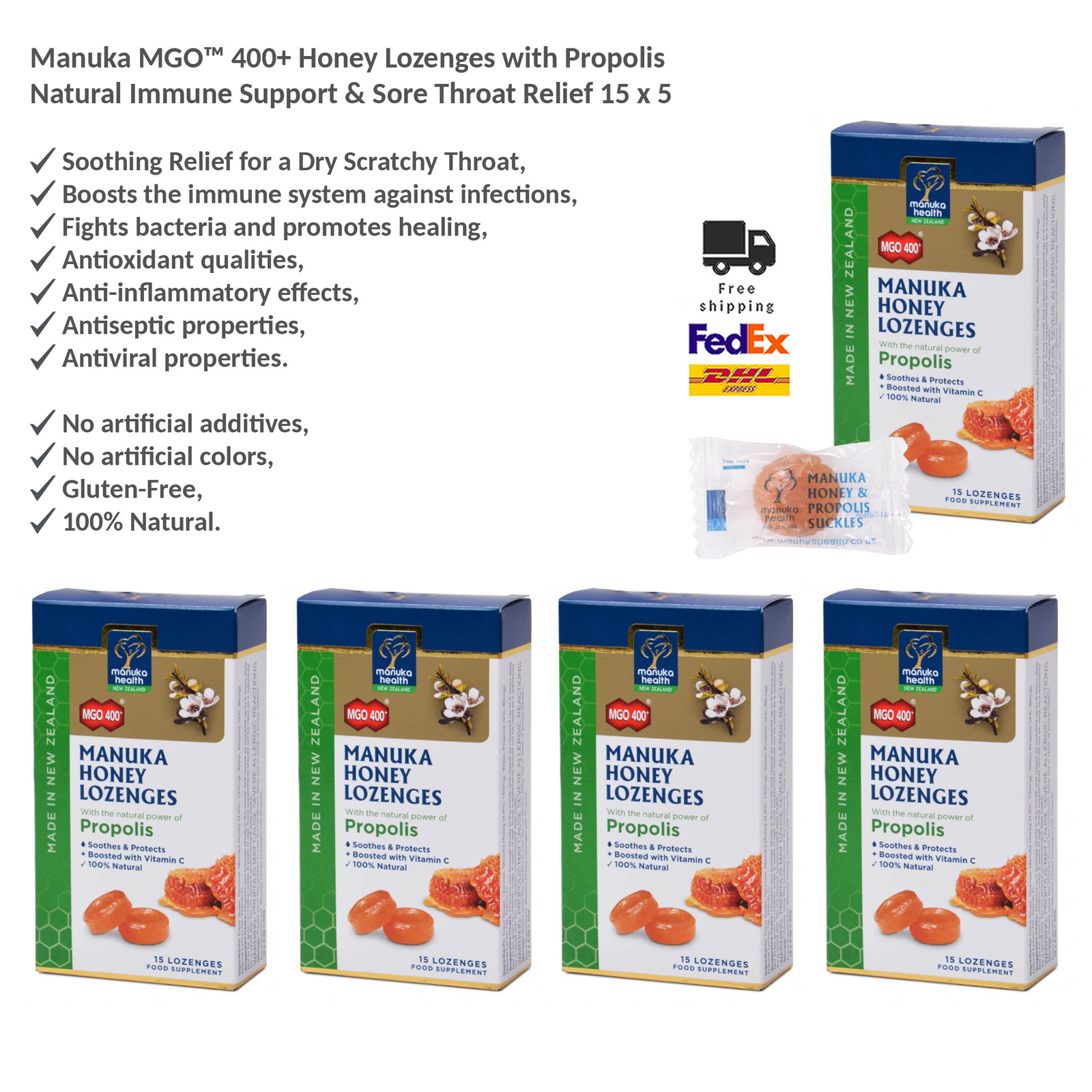 Pastillas de miel Manuka MGO™ 400+ con propóleo 100 % naturales para dolor de garganta x 5
