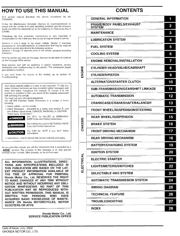 Honda 2003-2005 TRX650FA RINCON Shop Service Repair Manual COMB BOUND - Image 2 of 4