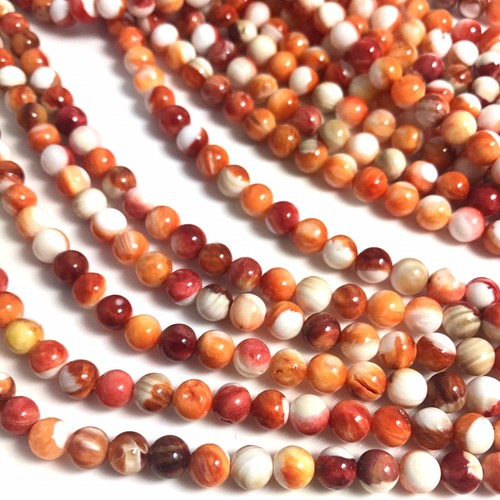 15.5"- Natural Orange & Red Spiny Oyster Shell 6mm Round Beads HQ, NEW Rare DIY