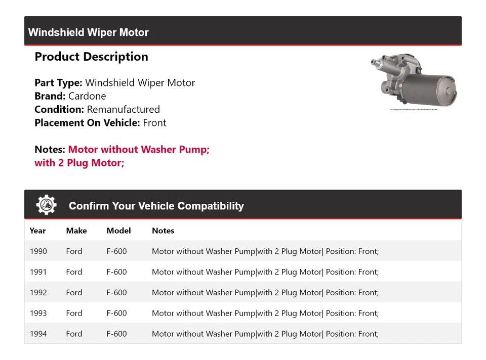 Para Ford F-600 1990-1994 Limpiaparabrisas Motor Delantero Cardone 1991 1992 1993 Foto 2 de 4