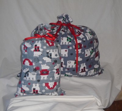 Polar Bear In Sweaters Christmas Design Homemade Fabric Gift Bag with Ribbon