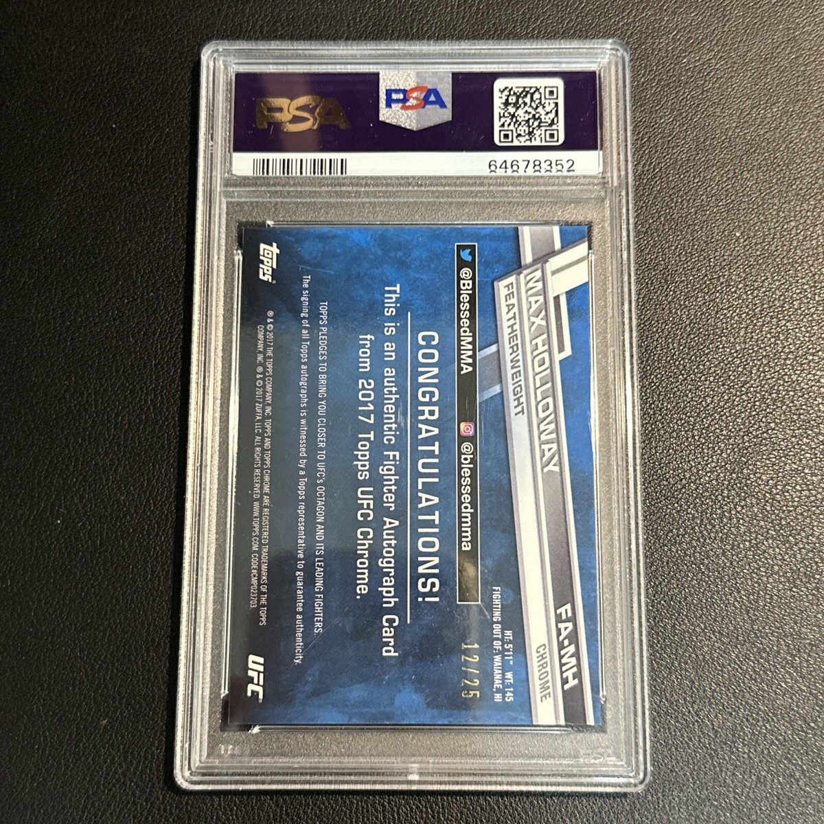 Max Holloway Ssp #'d /25 PSA 10 Topps Chrome Orange Refractor