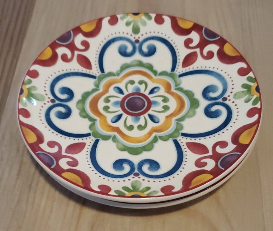 Pier 1 Ironstone Round Dessert Plates Set of 2 – 6 Inch Global Medallion Design