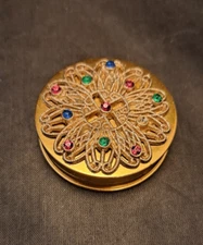Vintage HOLLYWOOD Round Gold Metal Filigree Multicolored Bejeweled Compact