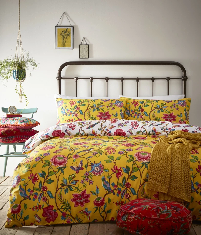 FURN. Furn Super King Yellow Pomelo Floral Reversible Duvet Set Birds, Butterflies