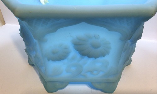 Vtg 70s Fenton Blue Satin Glass Hexagon Bowl Original Label Chrysanthemum Design - Picture 9 of 11