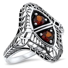 CLASSIC STYLE GENUINE GARNET 925 SOLID STERLING SILVER TWO-STONE RING    879