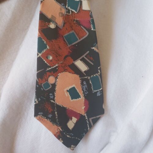 Cravatta uomo vintage Birmania Bibas fantasia forte tutta seta marrone nera - Foto 1 di 5