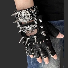 Men's Rivet leather gloves motorcycle Steampunk Fingerless Gloves with Bracelet
