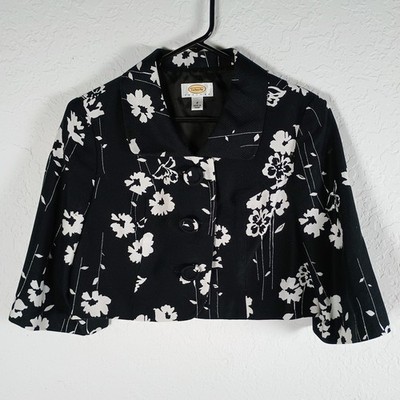 Talbots Petites Floral Cropped Jacket Womens 8 Black White 3/4 Sleeve Bolero