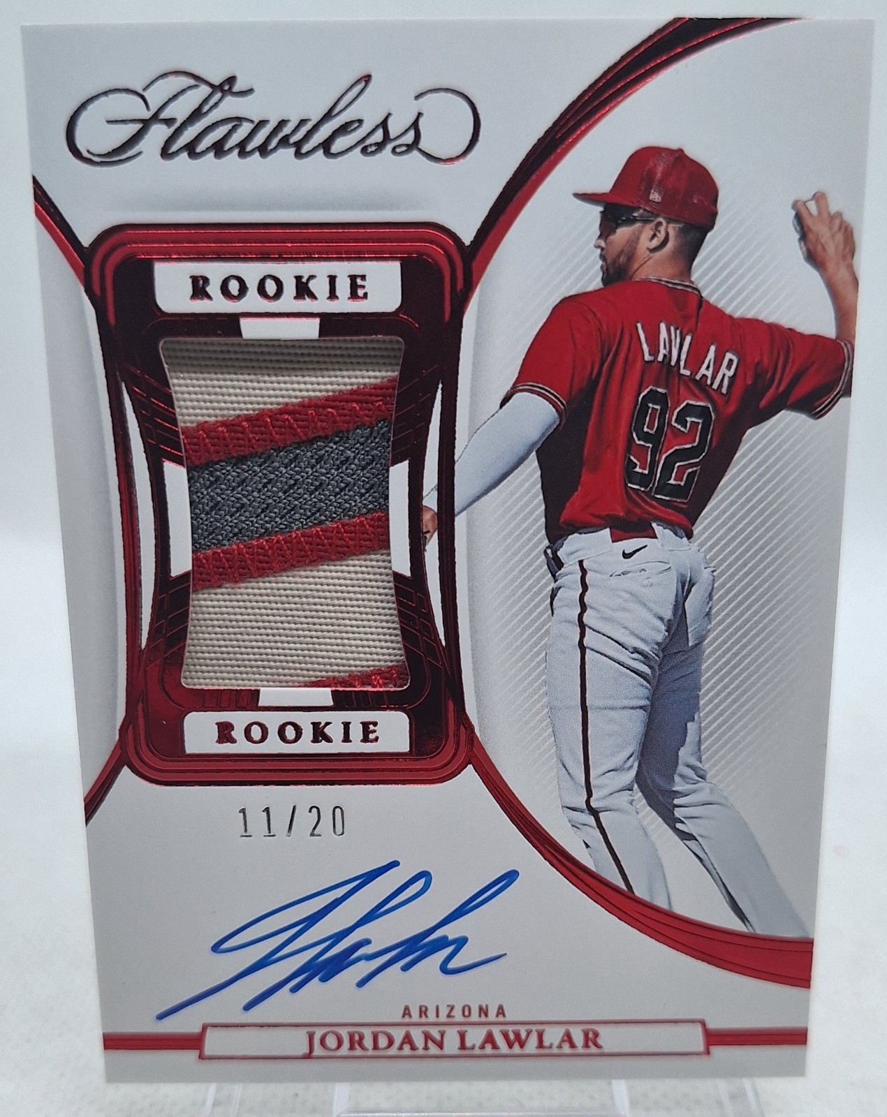 JORDAN LAWLAR 2023 PANINI FLAWLESS RED TRI COLOR JUMBO PATCH RC #11/20 AUTO view 1