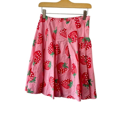 Mini Boden Girls 9-10 Pink & Red Strawberry Fruit Print Pleated Elastic Skirt