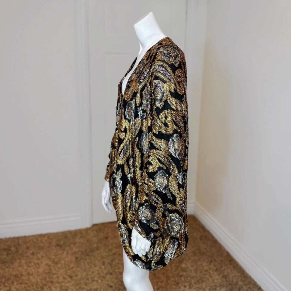 CHAQUETA VINTAGE AÑOS 80 METÁLICA PAISLEY COCOON M/L Dorado Plata Elegante Foto 3 de 4