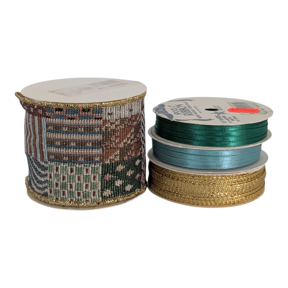 Lot of 4 Christmas Holiday Ribbon 3 Yds -Wired Pine Cone Brocade & 20 Yds -Satin - Image 2 of 4