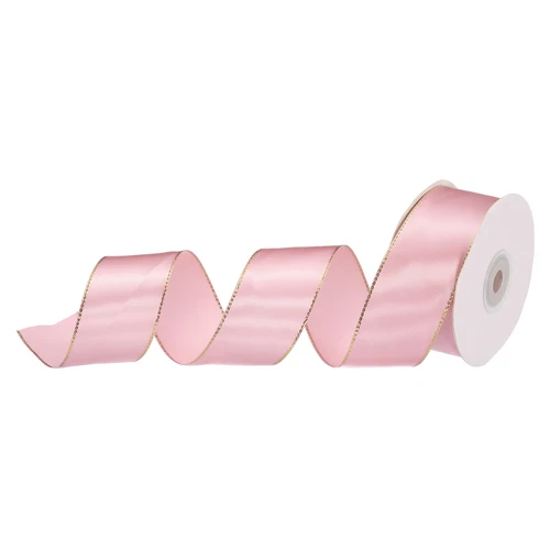 1 1/2 Inch 25 Yard Wide Satin Ribbon w Gold Edges Border Grosgrain Fabric Pink - Picture 1 of 7