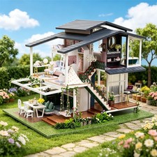 Wooden DIY Dollhouse Kit Monet Garden Villa LED Light Miniature Craft Gift