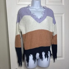 Love Tree S Distressed Colorblock Knit Sweater Lavender Cream Tan Navy Women’s 