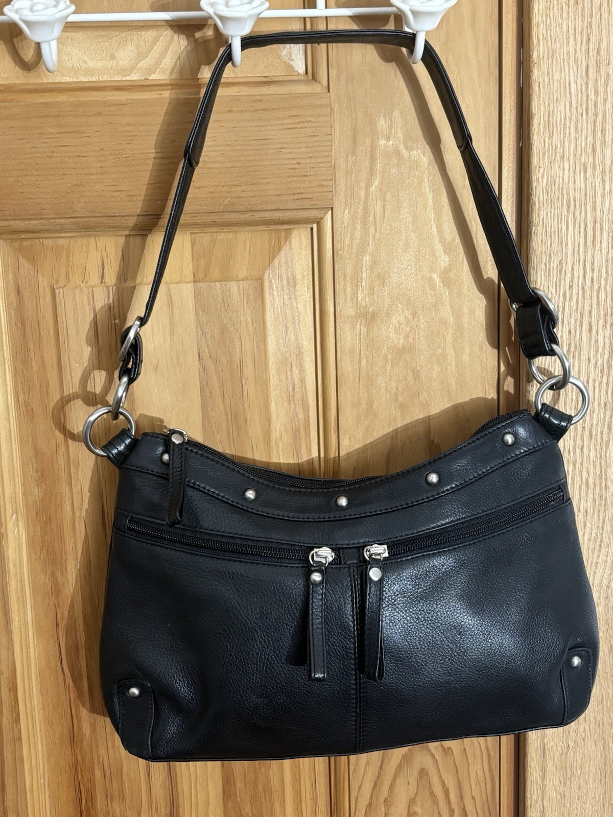 Vintage Y2K Black Genuine Leather Shoulder Bag Soft Pebbled Zip Silver HW